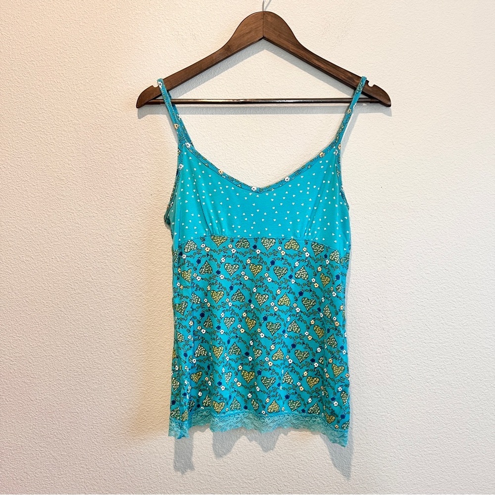 Vintage Y2K Energie Cami Tank Top Small Blue Floral Heart Lace Trim Fairy Grunge